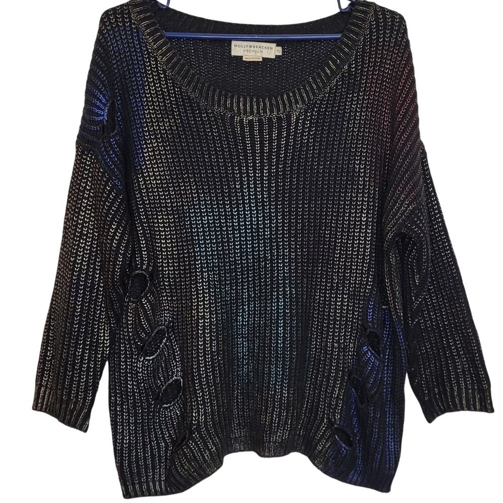 Molly Bracken black metallic iridescent distressed sweater Size XL Grunge Goth